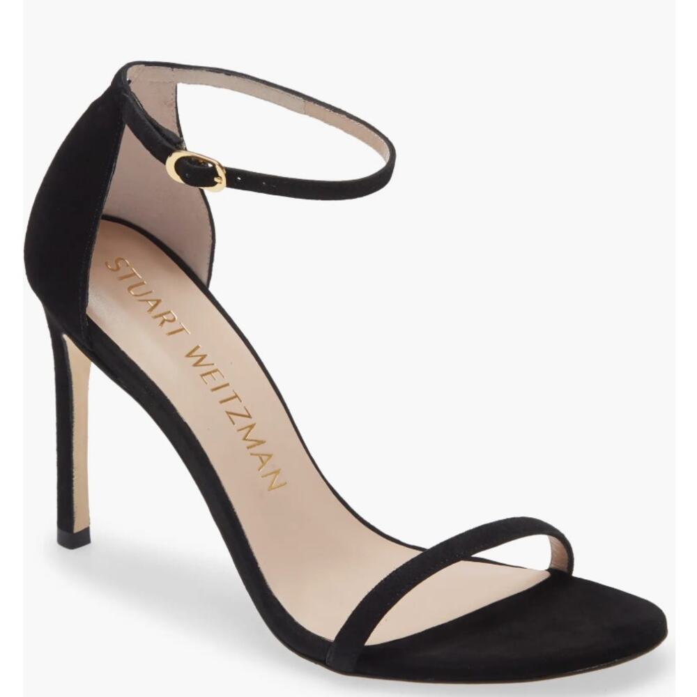 Stuart Weitzman Nudistsong Ankle Strap Sandal Heel Black Suede Size 9.5